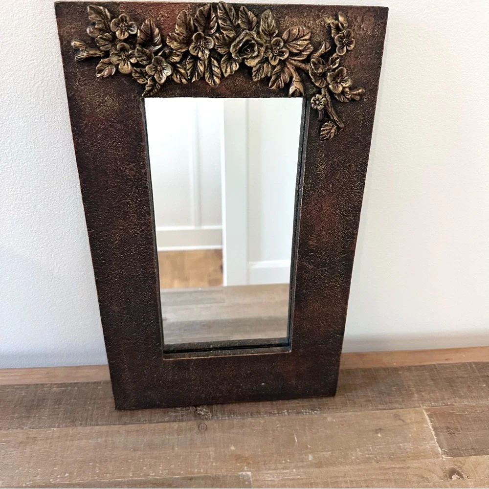 Vintage Rustic Bronze Floral Accent Wall Mirror 9 X 14” Framed Forged Flowers